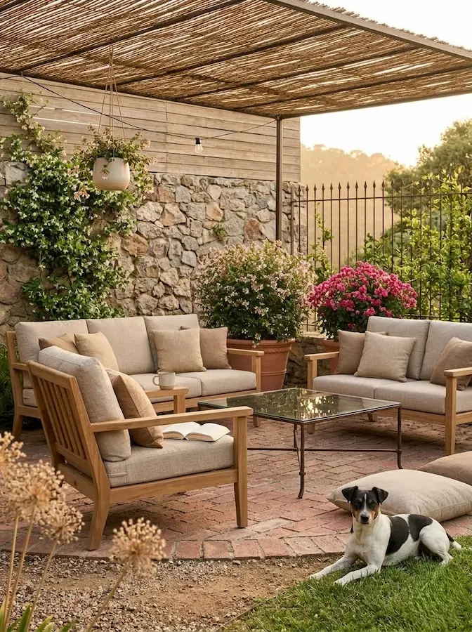 matas voluminosas de Abelia grandiflora y rosales Iceberg.