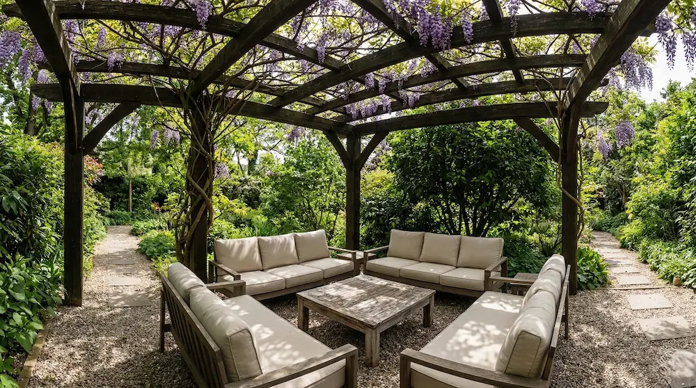 pérgola madera curva con sillones en sombra pleno jardín