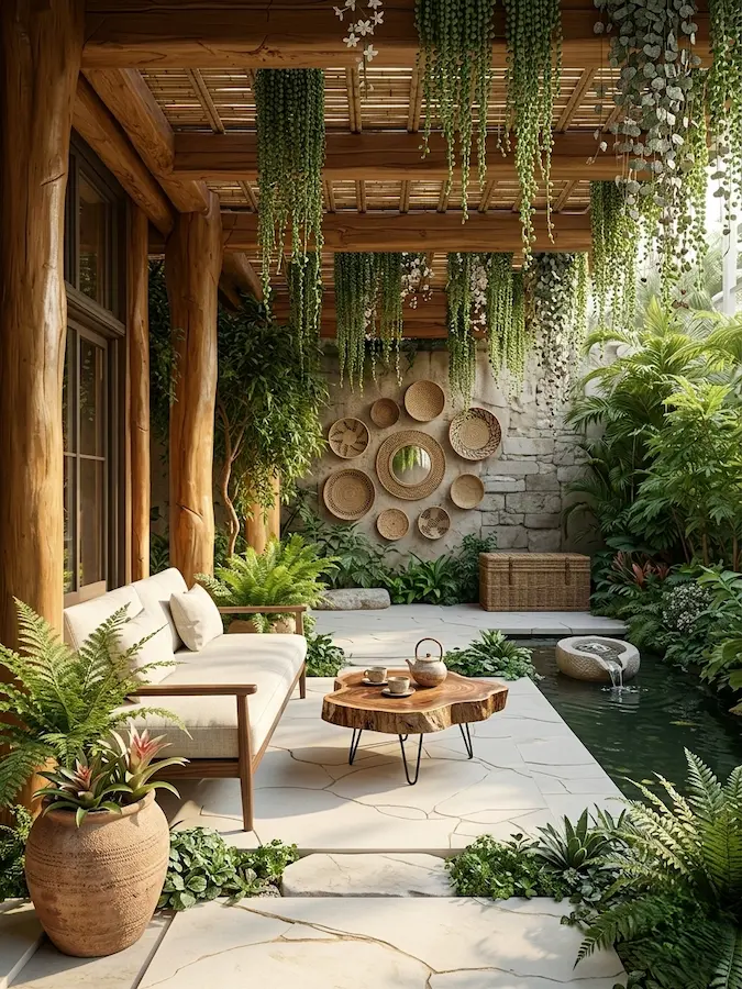 pérgola con un estilo zen japonés, con madera y elementos propios integrada en jardín de tamaño medio