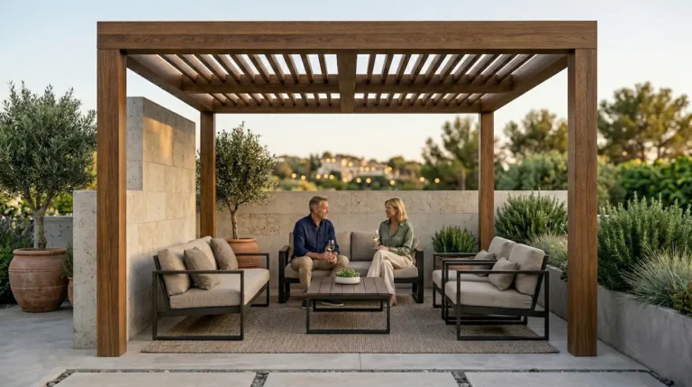 pérgola madera exterior sobre solado cerámico creando ambiente acogedor