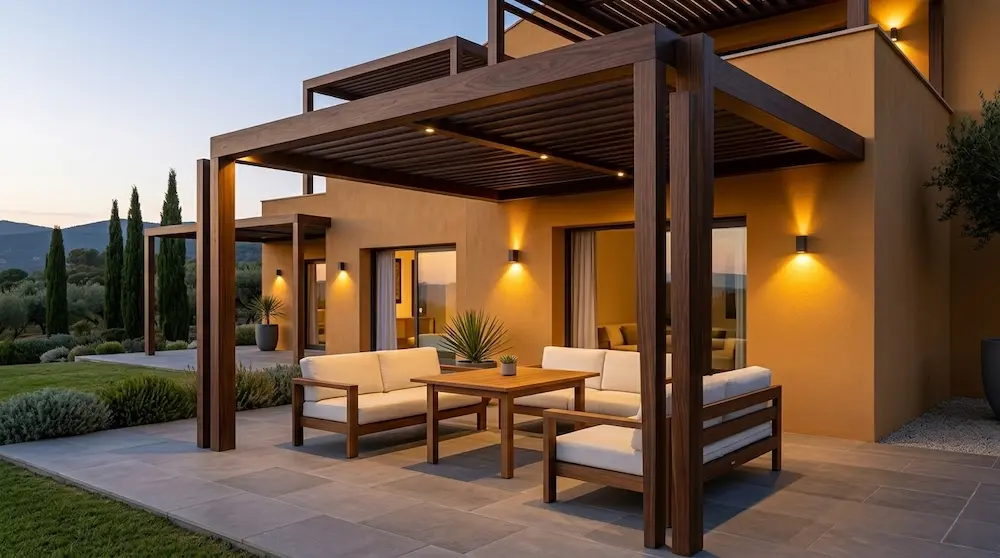 pérgola madera adosada en chalet fachada albero