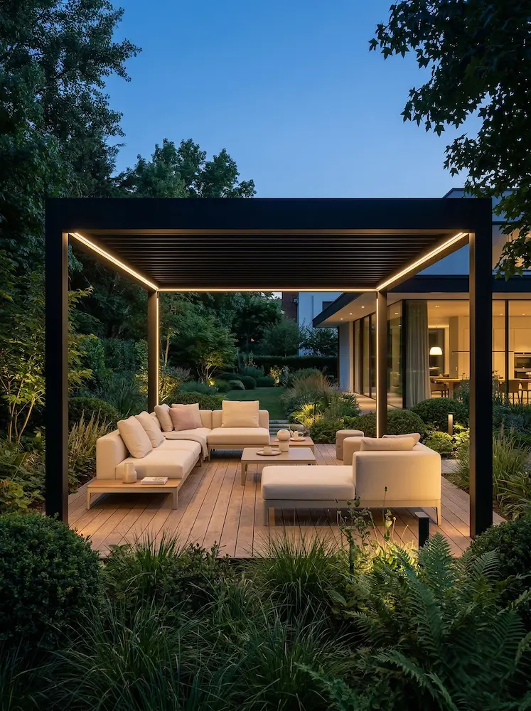 pérgola moderna con luz ambiente sillones y sofa moderno entorno natural jardín fresco