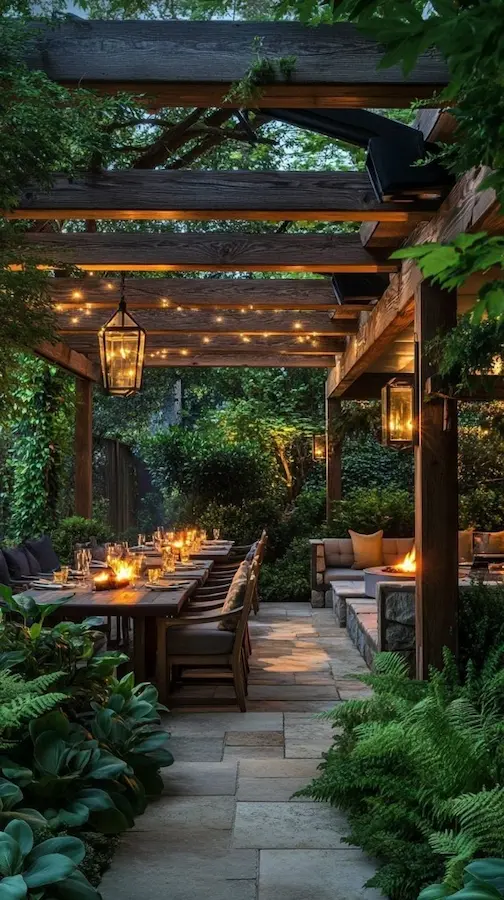 pérgola rústica oscura con guirnaldas de luz en pleno bosque