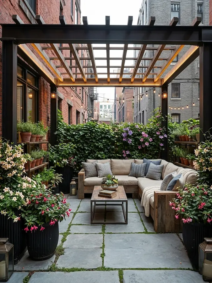 Líneas contundentes y muros verdes con pérgola urbana en terraza