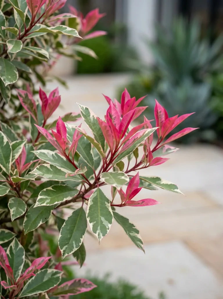 Follaje variegado de la Fotinia (Photinia x fraseri 'Pink Marble'), cuya calidad cromática en tonos rosados y blancos crea una escenografía lumínica inigualable en zonas de menor exposición solar.