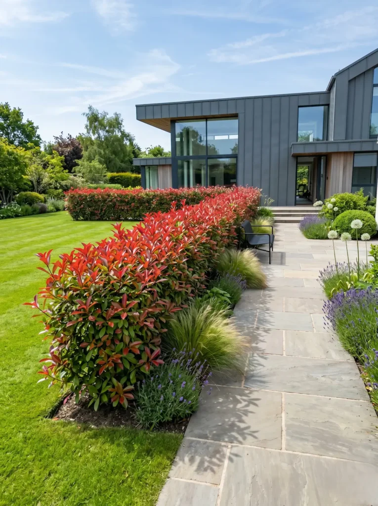Seto de Fotinia (Photinia x fraseri) en un jardín contemporáneo, mostrando una integración paisajística de excelencia con un césped impecable y pavimentos de diseño cuidado.