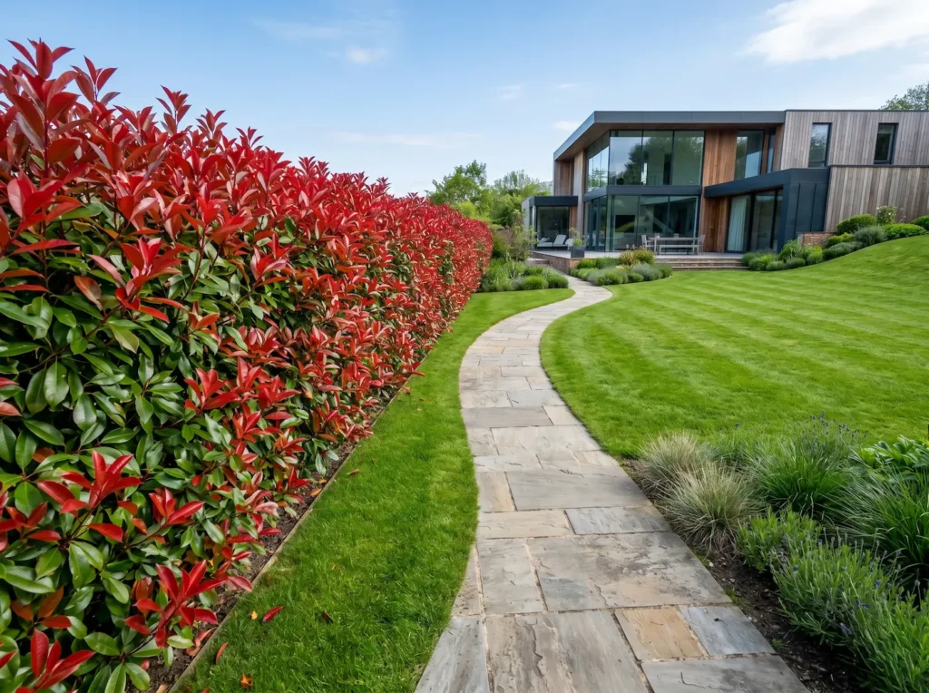 Seto de Fotinia (Photinia x fraseri) en un jardín contemporáneo, mostrando una integración paisajística de excelencia con un césped impecable y pavimentos de diseño cuidado.