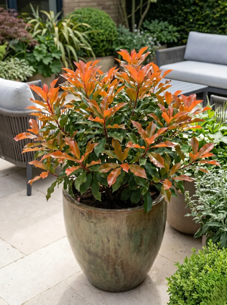 Detalle de Fotinia (Photinia x fraseri 'Magical Volcano') cultivada en una maceta artesanal, una composición vegetal que aporta textura y un estándar profesional a la terraza.