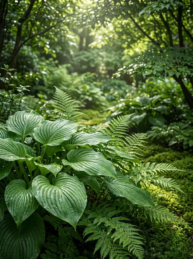 mezcla de helechos con plantas de hoja ancha genera capas de vegetación que dan volumen al espacio