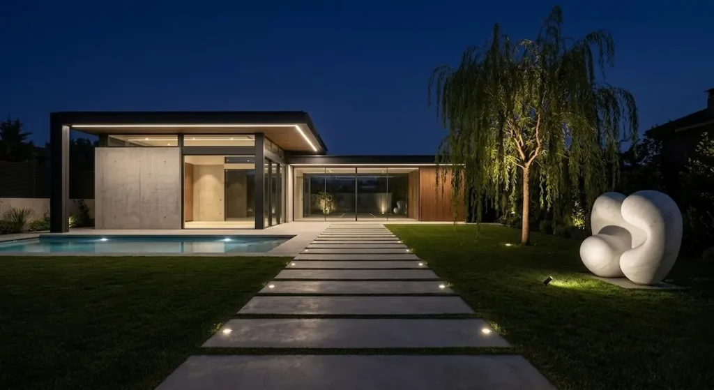 poolhouse en la noche iluminación que invita a pasar un momento entrañable