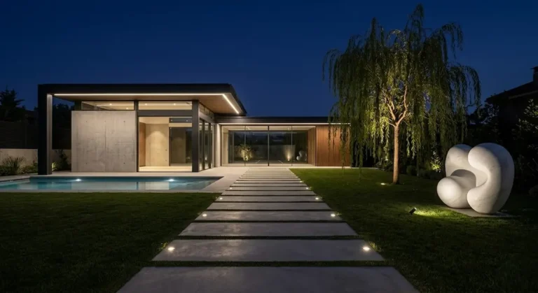 poolhouse en la noche iluminación que invita a pasar un momento entrañable