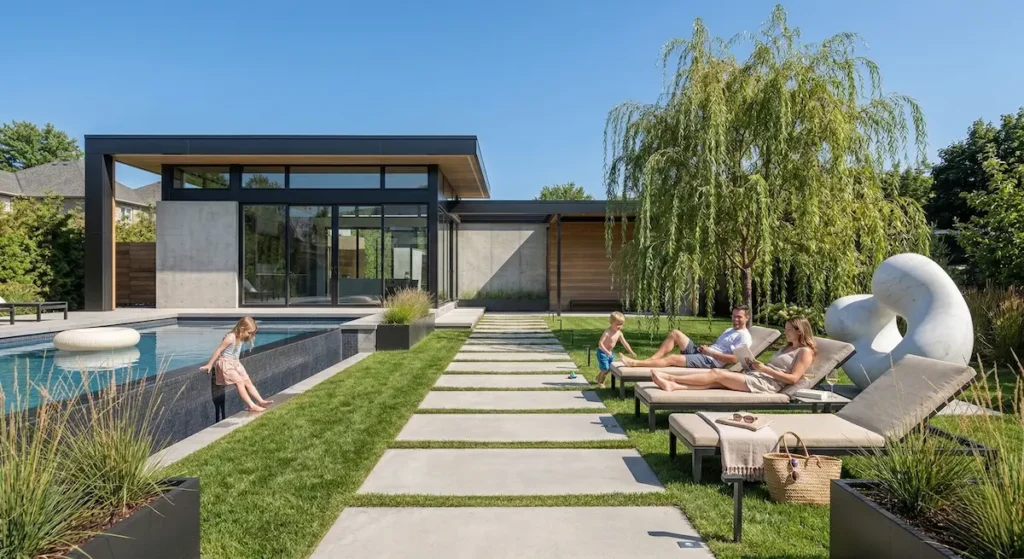 familia disfrutando de un jardin moderno en verano