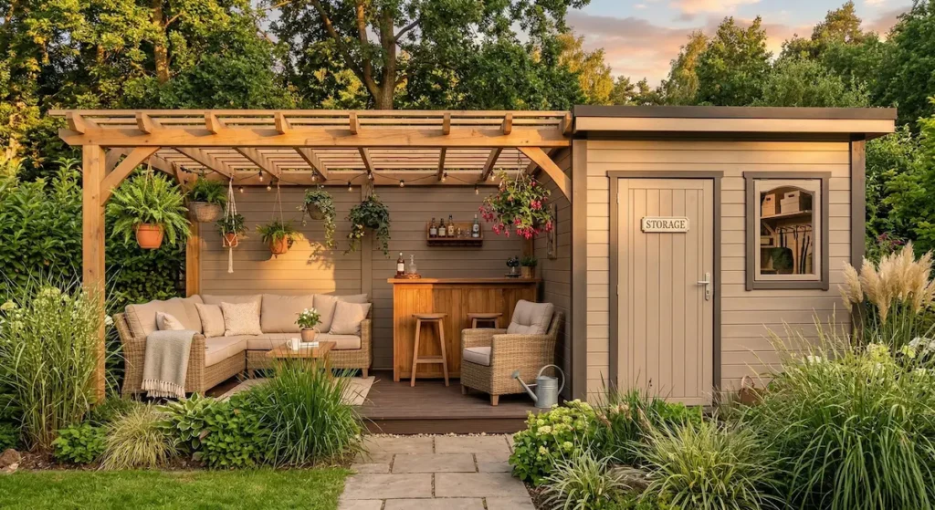 pool house sencilla con pérgola de madera barra de bar y asientos cómodos
