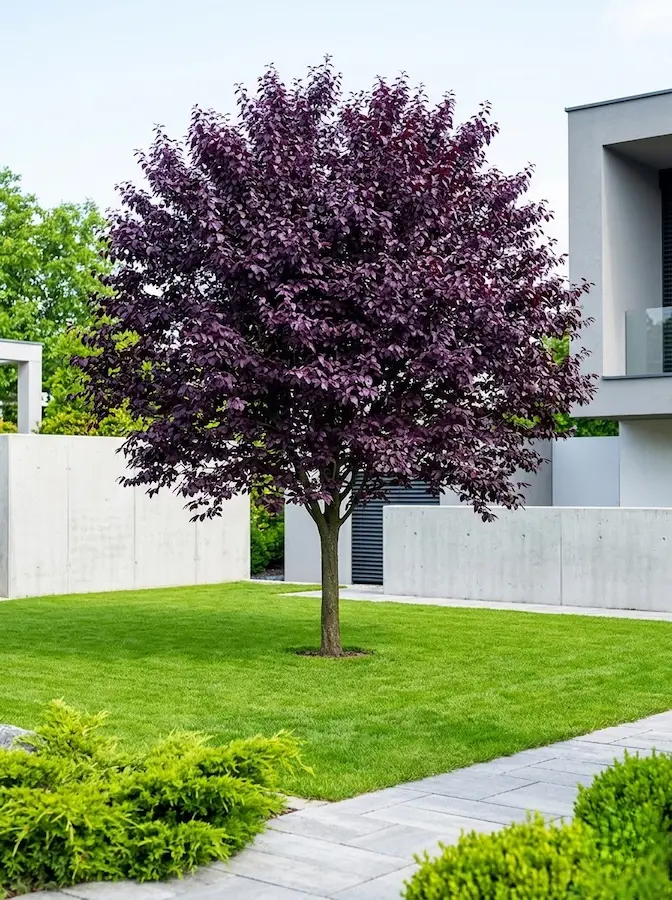 el Ciruelo Rojo genera un punto de fuga inmediato. Su floración temprana en blanco o rosa pálido sobre las ramas desnudas es uno de los primeros hitos estéticos del año