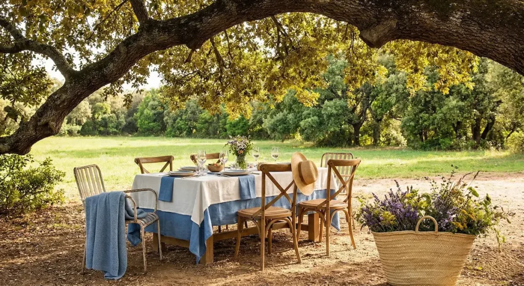 Una mesa sencilla, unas sillas con carácter y un capazo de esparto lleno de flores silvestres son suficientes para llevar nuestra vida al exterior de forma natural y cómoda.