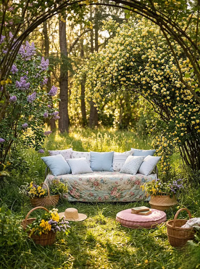 Para los amantes de la libertad total, existe la opción de situar el confort directamente sobre el césped, bajo el abrazo de arbustos florales.