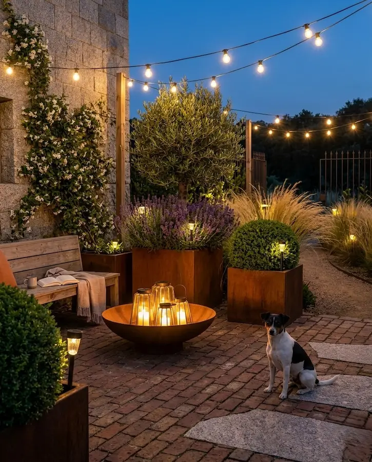 sutiles guirnaldas de luces cálidas overhead, generando un canopia de luz que enmarca el espacio y añade movimiento visual sin saturar.