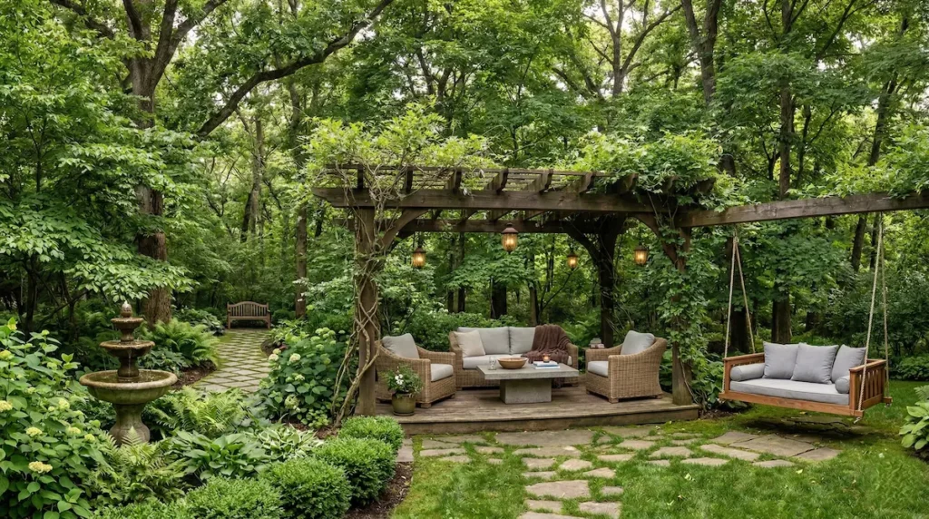 rincón boscoso con pérgola y columpio, amnbiente de salón muy natural