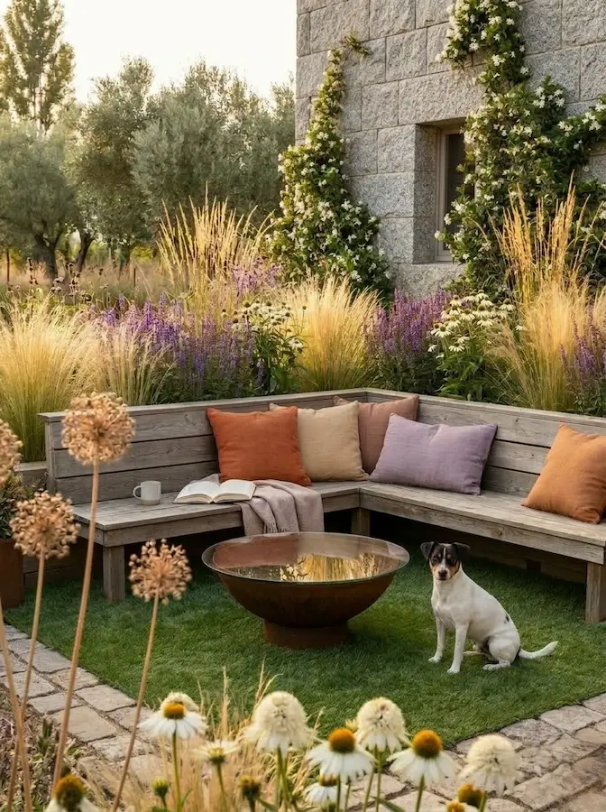 banco esquinero de madera clara define el espacio de descanso, mientras que la mesa baja —una vasija de acero Corten con sobre de cristal— introduce una nota de diseño contemporáneo.