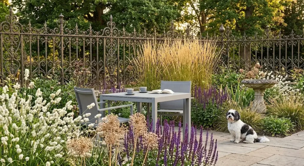 La paleta es limpia: púrpuras, blancos puros y verdes profundos apoyados por el color textural de la piedra y la forja.