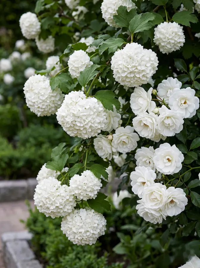 detalle buquet de rosa iceberg y viburnum opulus