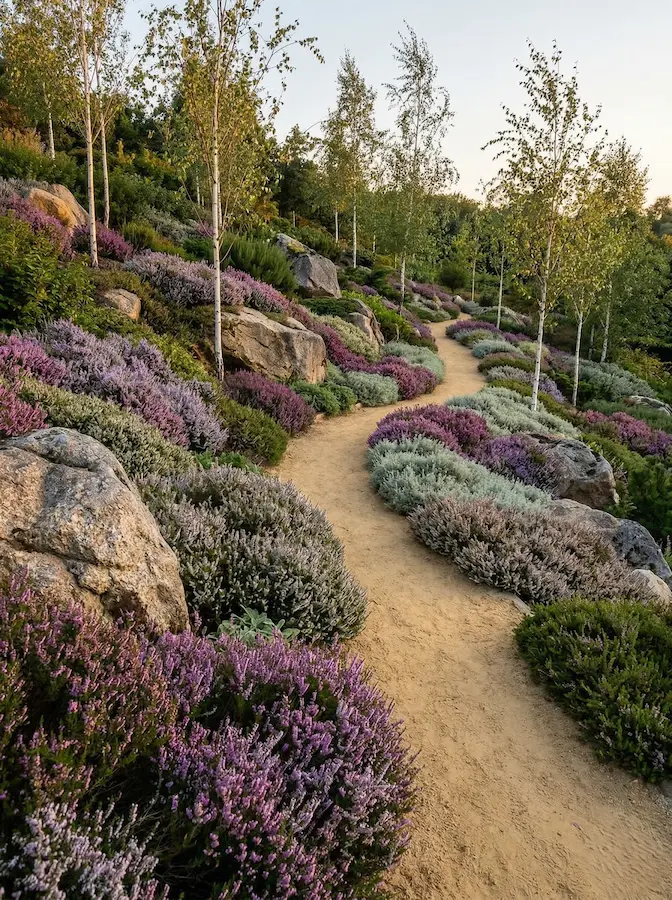 El camino de arena dorada, con su curvatura orgánica, actúa como un eje visual que conecta los diferentes estratos