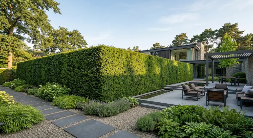 sete de leylandii perfectamente recortado y mantenido en jardín moderno