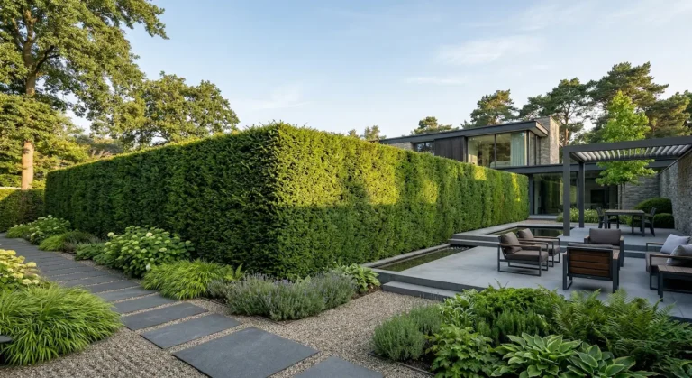 sete de leylandii perfectamente recortado y mantenido en jardín moderno