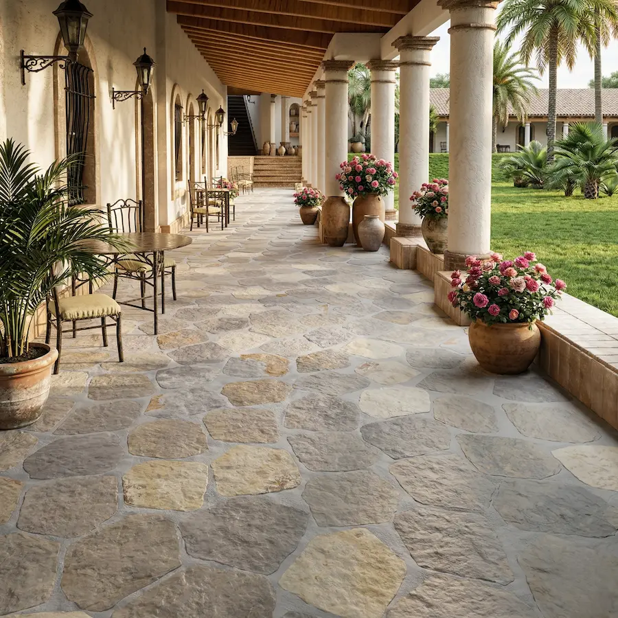 pavimento imitación piedra natural irregular en porche