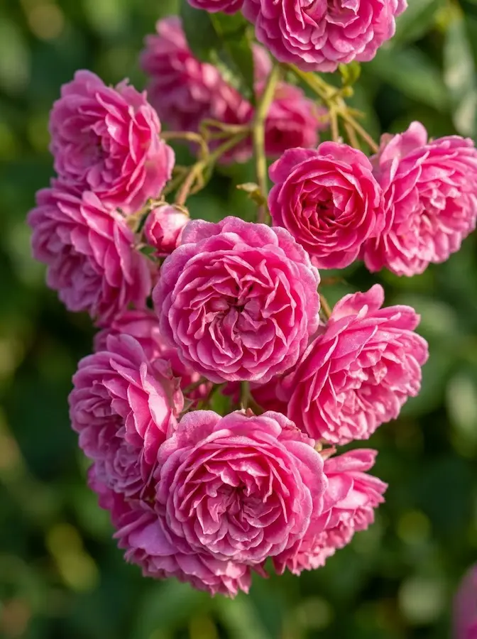 Destaca por sus racimos colgantes de pequeñas flores dobles en un tono rosa intenso