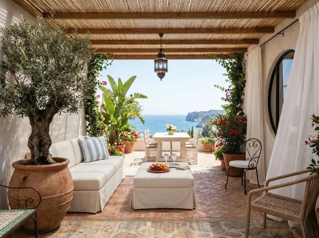 Terraza con pérgola de cañizo, cortinas de lino blancas y vistas al mar en la Costa Brava.