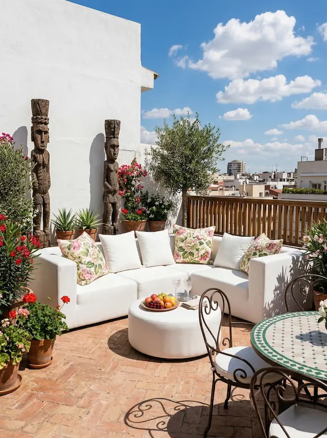 Detalle de macetas de barro cocido y plantas mediterráneas en una terraza soleada.
