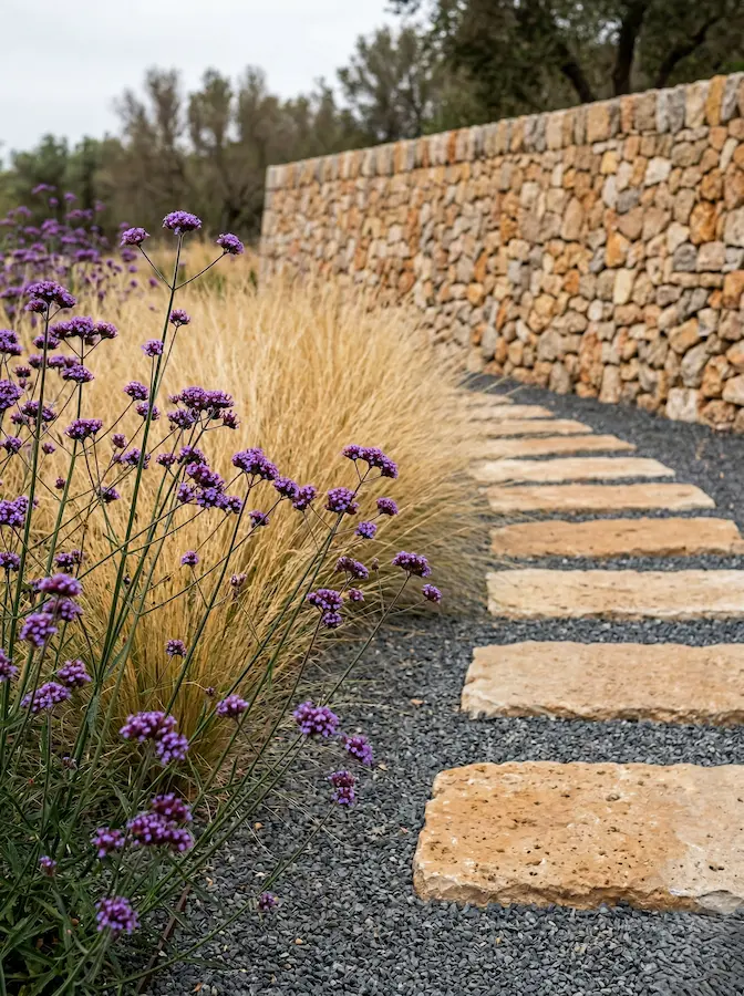 Verbena bonaerensis y la Stipa tenuissima. El contraste entre la rigidez de la mampostería y el balanceo de estas vivaces