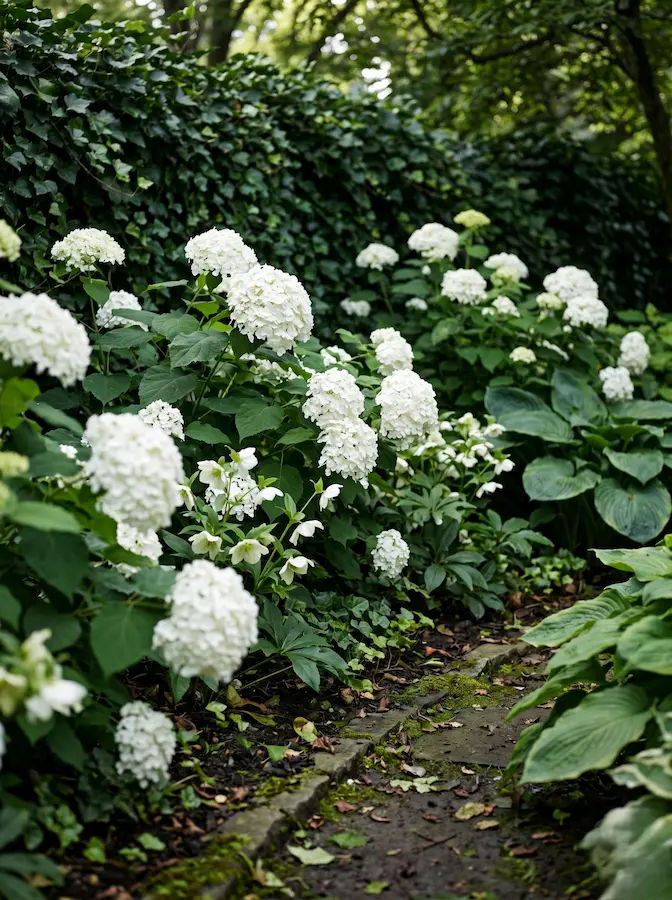Hortensias blancas (Hydrangea macrophylla), los Eléboros (conocidos como Rosas de Navidad) o las Anémonas de otoño son opciones fantásticas