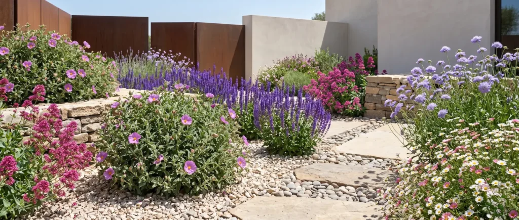 composición captura la esencia del paisajismo naturalista contemporáneo en un entorno de xerojardinería. La escena despliega una alfombra visual que fusiona los tonos malva de la Cistus creticus, la verticalidad azul-violeta de la Salvia nemorosa, los estallidos fucsia del Centranthus ruber y las etéreas cabezas de la Scabiosa, todo ello suavizado por las cascadas de Erigeron karvinskianus