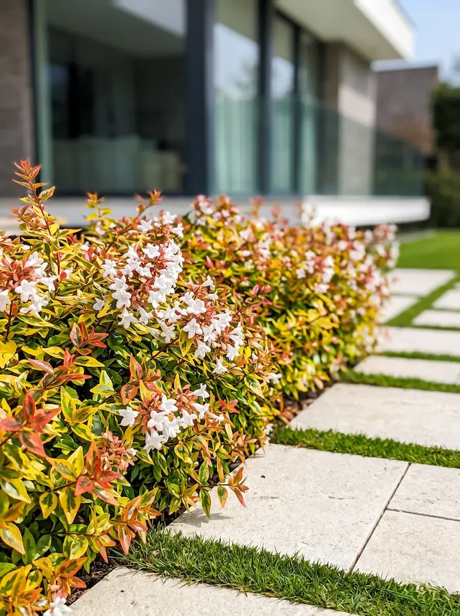 Su follaje emerge con un amarillo dorado estructurado en primavera y madura a un verde lima con bordes rojos en verano y otoño, manteniendo la base de flores blancas