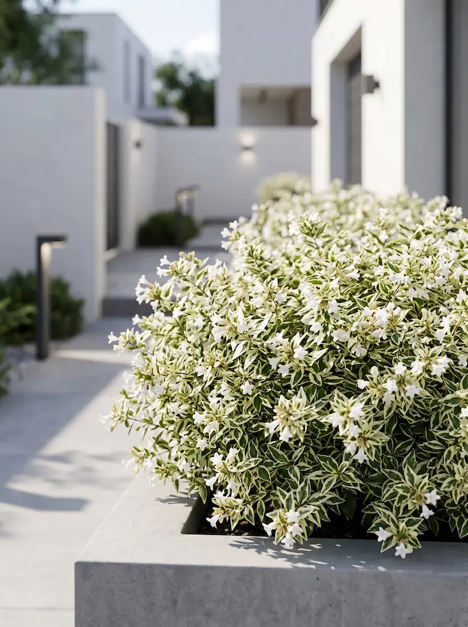 Follaje profusamente salpicado en blanco y verde, creando un efecto limpio