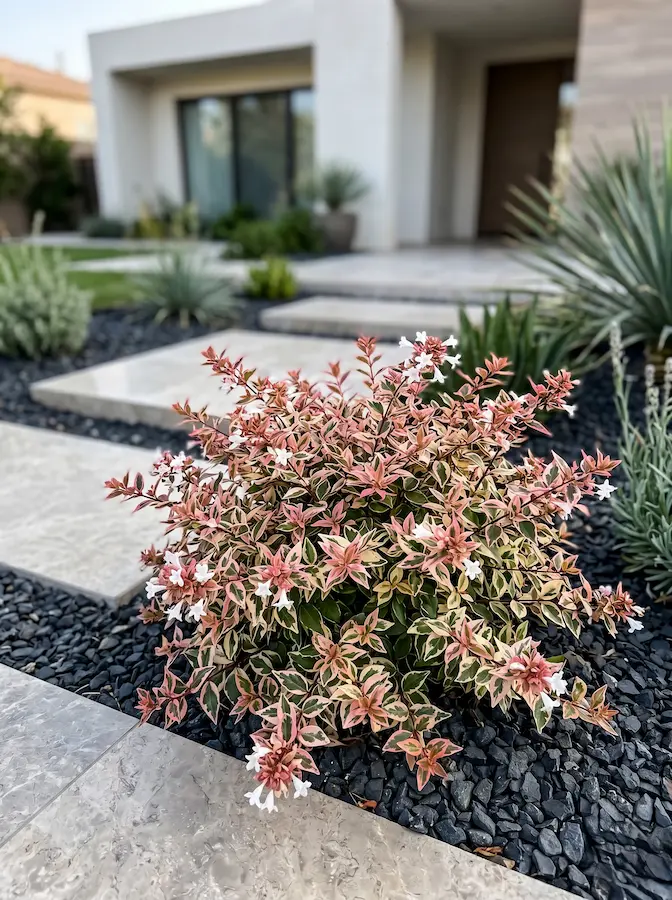 variegación es tricolor: las hojas emergen con tonos rosados y cremas sobre verde, evolucionando a blanco y verde con cálices rosados muy visibles