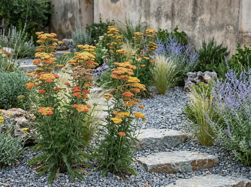 la Achillea integrada en un ecosistema de jardín mediterráneo moderno. Se utiliza para colonizar grandes áreas, reduciendo la necesidad de riego