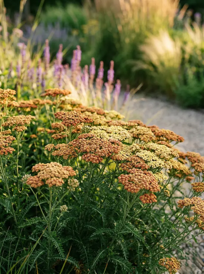 La fuerza de la Achillea reside en su geometría horizontal. En la composición, actúa como un estabilizador visual, un "lienzo" sobre el que destacan otras formas