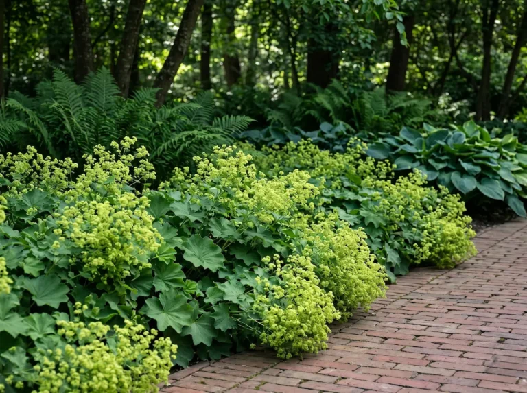 Integración paisajística de masas de Alchemilla mollis desbordando con suavidad sobre un sendero de ladrillo rojo envejecido bajo una bóveda de luz filtrada.