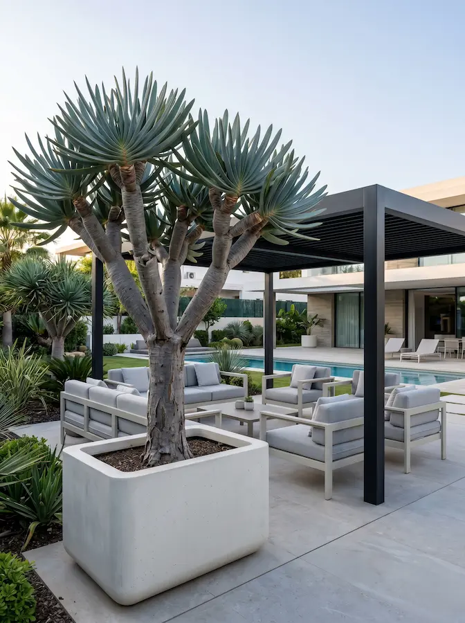 Aloe plicatilis se perfila contra el horizonte como un candelabro vegetal de proporciones exactas.