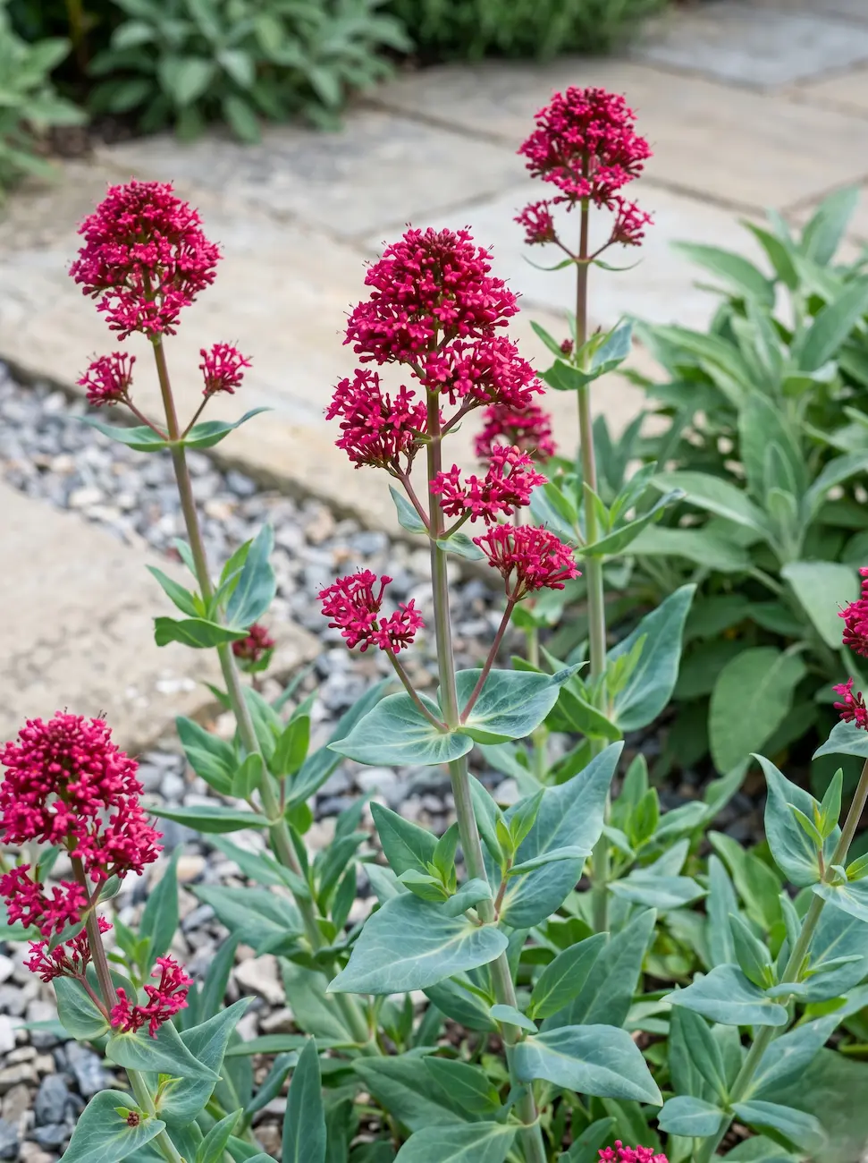 Primer plano fotográfico de las densas cimas florales color magenta oscuro y el follaje glauco y carnoso de la Hierba de San Jorge.