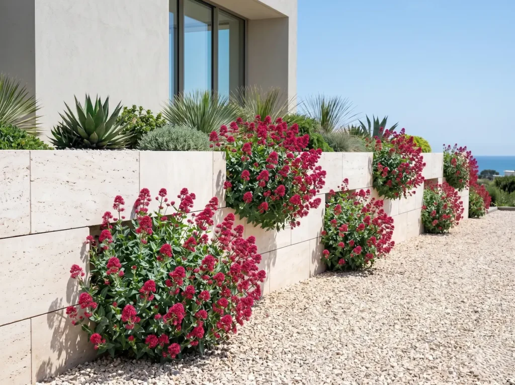 Integración paisajística de la Centranthus ruber brotando con vigor estructural entre las juntas de un muro de contención de piedra caliza blanca en un jardín aterrazado contemporáneo.