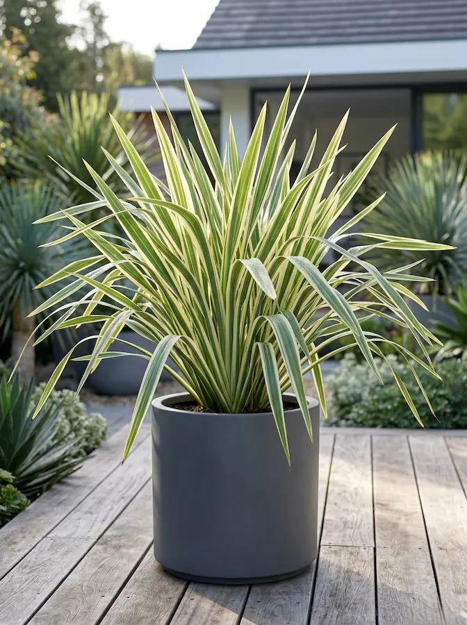 Cordyline 'Torbay Dazzler' variegada en macetón minimalista sobre deck de madera.