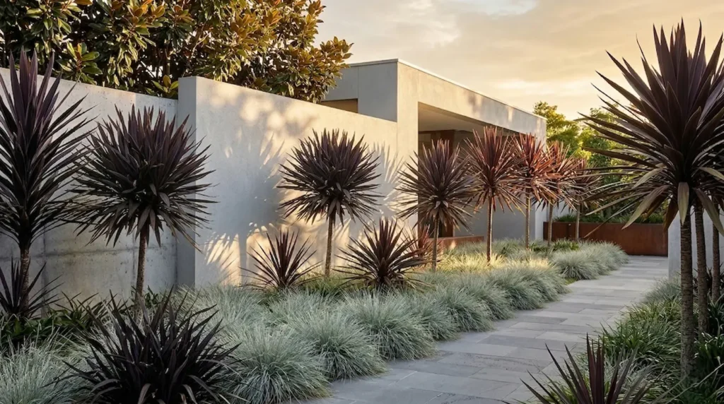 Paisajismo moderno con Cordylines de color púrpura y bronce destacando sobre muros grises.