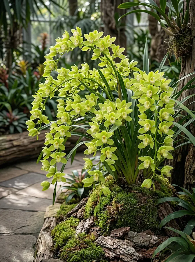 Orquídea Cymbidium verde lima con base de musgo en un jardín de invierno.
