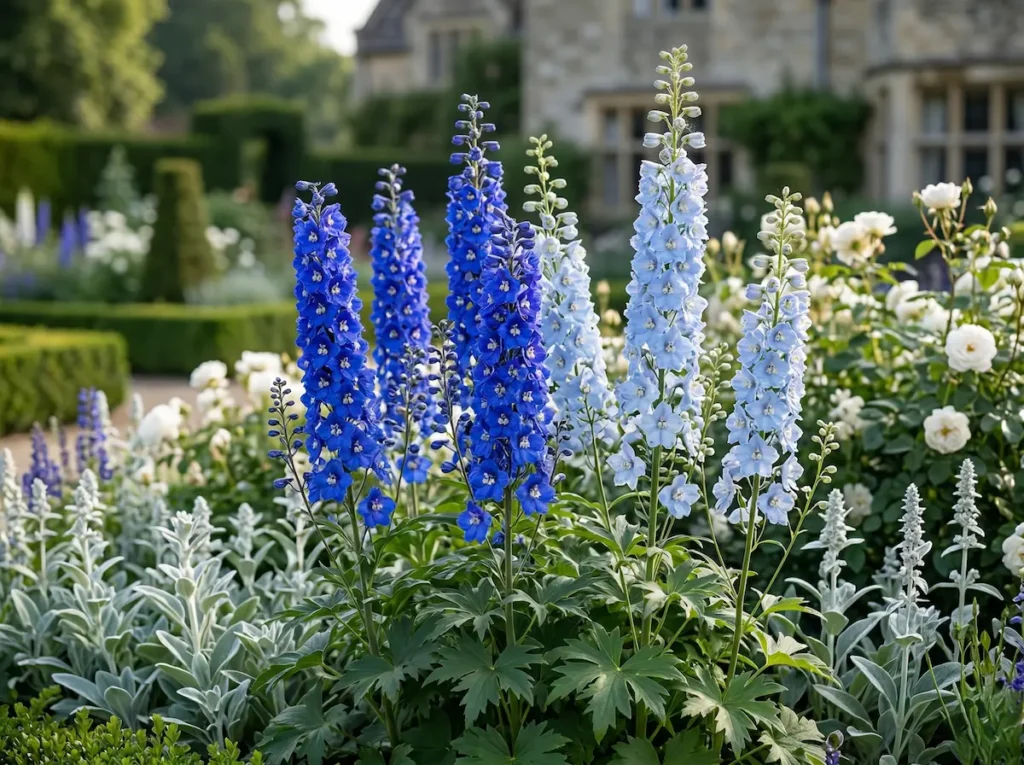 Espigas de Delphinium azul cobalto bajo luz de mañana