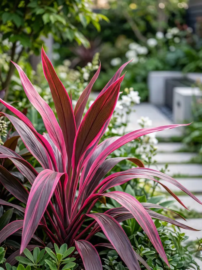 Detalle de Cordyline 'Can Can' con hojas de bordes rosa vibrante en un jardín de diseño.