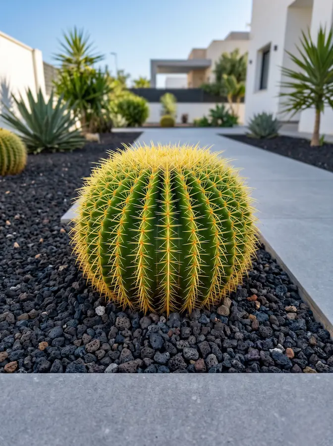 esferas perfectas a ras de suelo, el asiento de suegra o Echinocactus grusonii se presenta como un globo terráqueo de precisión matemática